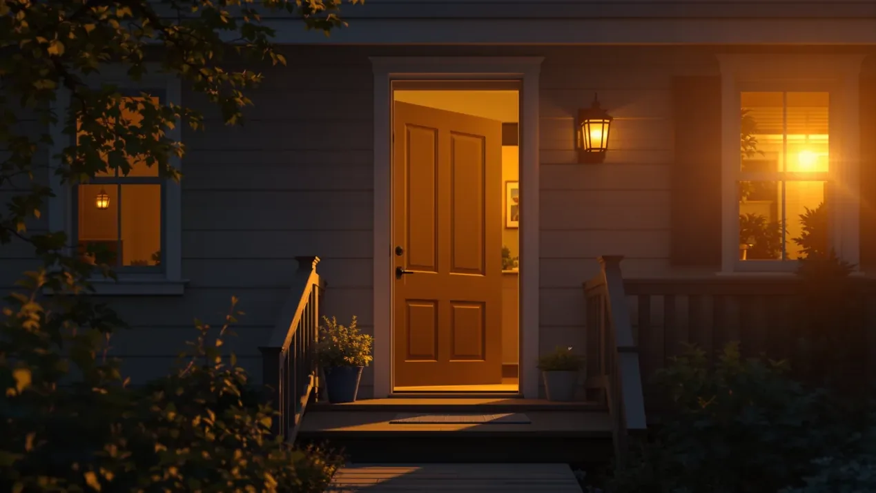 The warm, open door of a safe home glowing at dusk — a place of refuge