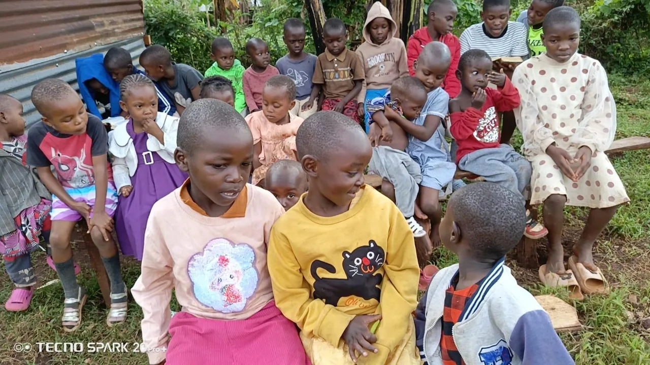 Kenyan orphan children gathered together in warm morning light